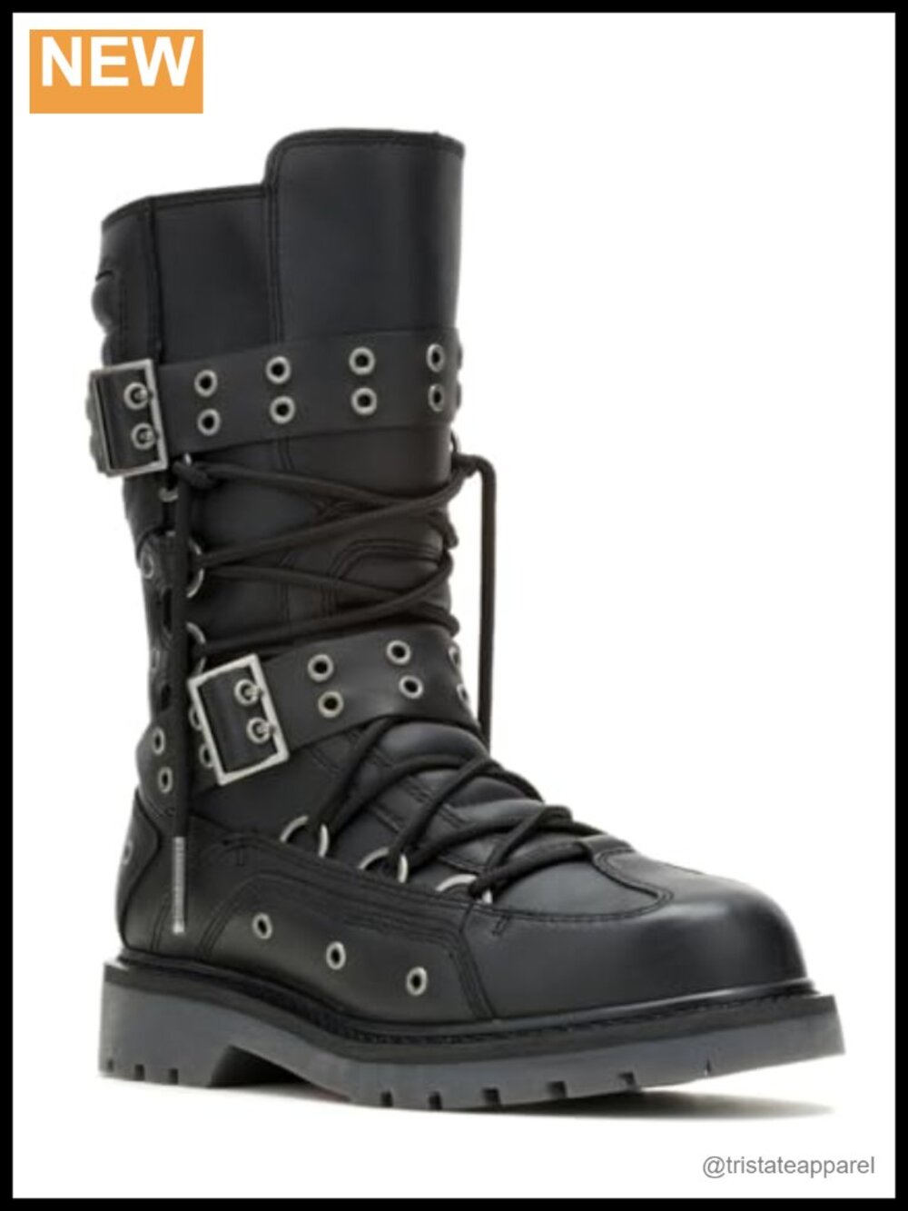 Women's Full Grain Leather Mid-Calf Motorcycle Boots Block Heel 9 Inch